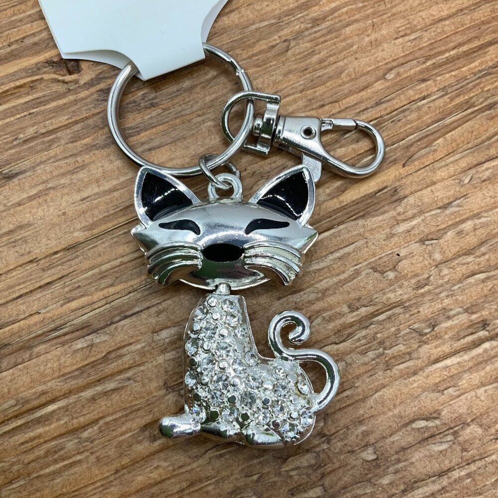 Cat Kitten Sparkling Silver Tone Rhinestone Key Chain Purse Charm